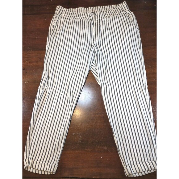 Old Navy Linen Blend Pants Womens Large White Blue Striped Tapered Ankle Pull On - Picture 1 of 7